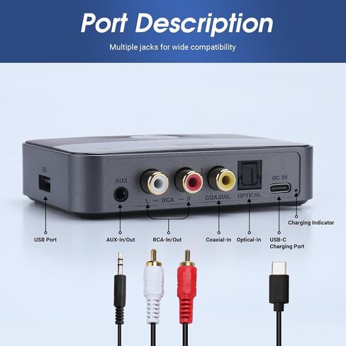 August MR285 Bluetooth Transmitter Receiver NFC AUX Optical TV Adapter | Bluetooth 5.3, RCA, Coaxial & USB, Rechargeable Battery, Dual Audio, Wired Bypass in Saudi Arabia
