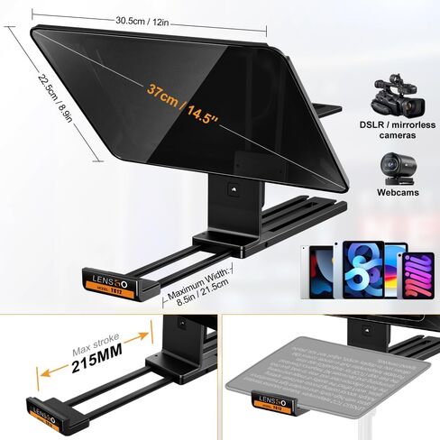 Teleprompter for Cameras iPad Tablet,LENSGO TC12 14.5'' Aluminum Prompter App Compatible with iOS/Android,Professional Prompter for YouTube,News/Broadcasting,Online Teaching,Live Streaming in Kuwait