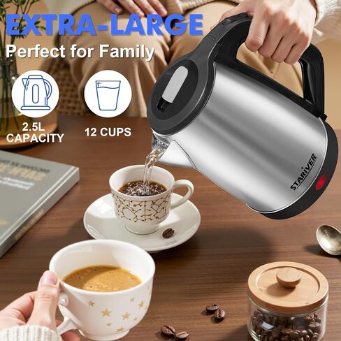 Stariver 2.5L Large Electric Kettle, BPA-Free Stainless Steel Water Kettle | Fast Boil Electric Tea Kettle, Auto Shut-Off & Boil-Dry Protection, 10-12 Cups, Large Capacity for Family Use in Saudi Arabia