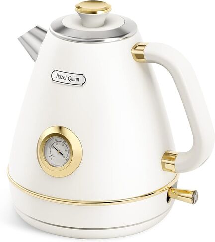Hazel Quinn Retro Electric Kettle, 1.7 Liters with Thermometer, Pearl White | 57.5 Ounces Tea Kettle All Stainless Steel, 1200 Watts Fast Boiling, BPA-free, Cordless, Automatic Shut Off, Home and Office in Saudi Arabia