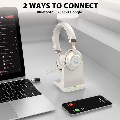 Wireless Headset with Mic for Work, V5.2 Bluetooth Headset with Microphone Noise Canceling & Charging Base, Wireless Headphones with Mic Mute Button & USB Dongle 45Hrs for Laptop/PC/Call Center/Home in Saudi Arabia
