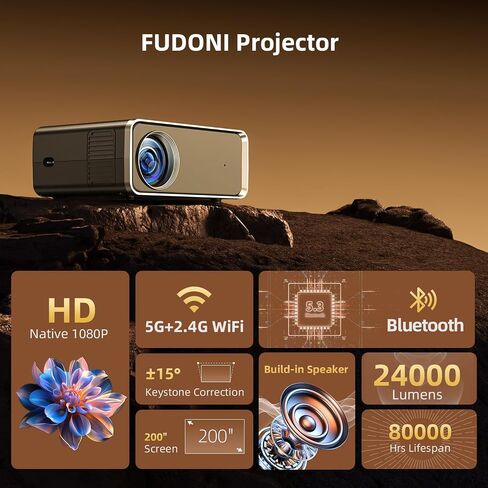 FUDONI WiFi Bluetooth Projector, Built-in Speaker, Native 1080P Projector | Outdoor Indoor Home Theater Movie Projector, Compatible with HDMI, USB, AV, Fire Stick, Laptop, Smartphone, Game Console in Saudi Arabia