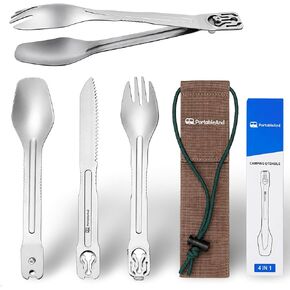 Camping Cutlery Set with Built-in Tongs, 4-in-1 Camping Utensils, Spoon Fork Knife Combo, Compact Stainless Steel Flatware for Camping, Backpacking, Hiking, Picnic, RV & Trave (1-Pack) in Kuwait