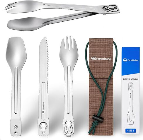 Camping Cutlery Set with Built-in Tongs, 4-in-1 Camping Utensils, Spoon Fork Knife Combo, Compact Stainless Steel Flatware for Camping, Backpacking, Hiking, Picnic, RV & Trave (1-Pack) in Kuwait