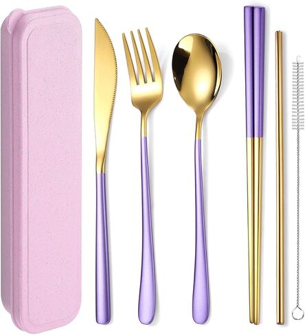 AARAINBOW 6 Pieces 18/8 Stainless Steel Flatware Set Portable Reusable Cutlery Set Travel Utensils Set Including Chopsticks Knife Fork Spoon Straws Cleaning Brush Dishwasher Safe (Green golden) in Saudi Arabia