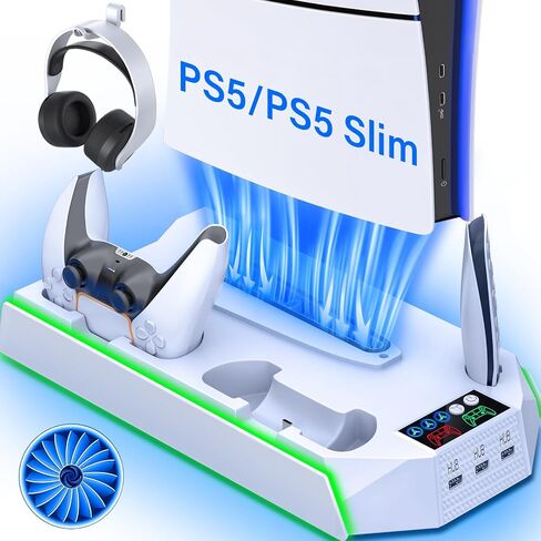 PS5 / PS5 Slim Cooling Station with Controller Charging Station - LED Light Cooling Stand for Playstation 5 Slim Disc/Digital Console, Accessories Incl RGB Light/Cooler Fan/3 USB Hubs/Headset Holder in Saudi Arabia