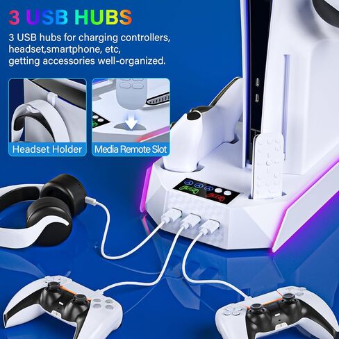 PS5 / PS5 Slim Cooling Station with Controller Charging Station - LED Light Cooling Stand for Playstation 5 Slim Disc/Digital Console, Accessories Incl RGB Light/Cooler Fan/3 USB Hubs/Headset Holder in Saudi Arabia