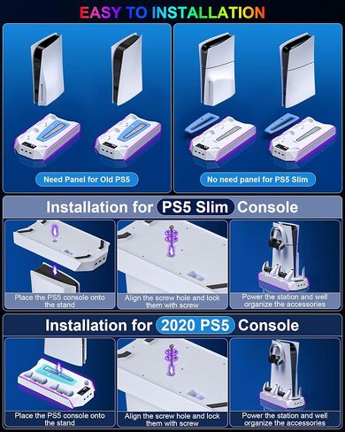 PS5 / PS5 Slim Cooling Station with Controller Charging Station - LED Light Cooling Stand for Playstation 5 Slim Disc/Digital Console, Accessories Incl RGB Light/Cooler Fan/3 USB Hubs/Headset Holder in Saudi Arabia