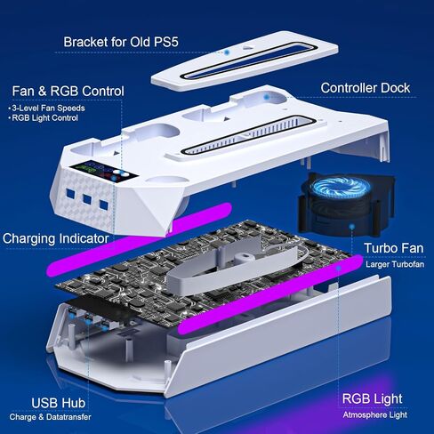 PS5 / PS5 Slim Cooling Station with Controller Charging Station - LED Light Cooling Stand for Playstation 5 Slim Disc/Digital Console, Accessories Incl RGB Light/Cooler Fan/3 USB Hubs/Headset Holder in Saudi Arabia