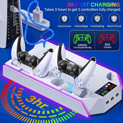 PS5 / PS5 Slim Cooling Station with Controller Charging Station - LED Light Cooling Stand for Playstation 5 Slim Disc/Digital Console, Accessories Incl RGB Light/Cooler Fan/3 USB Hubs/Headset Holder in Saudi Arabia
