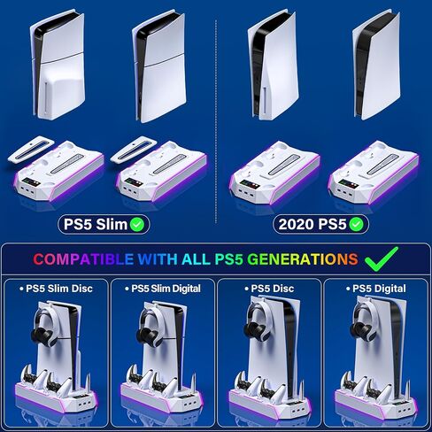 PS5 / PS5 Slim Cooling Station with Controller Charging Station - LED Light Cooling Stand for Playstation 5 Slim Disc/Digital Console, Accessories Incl RGB Light/Cooler Fan/3 USB Hubs/Headset Holder in Saudi Arabia