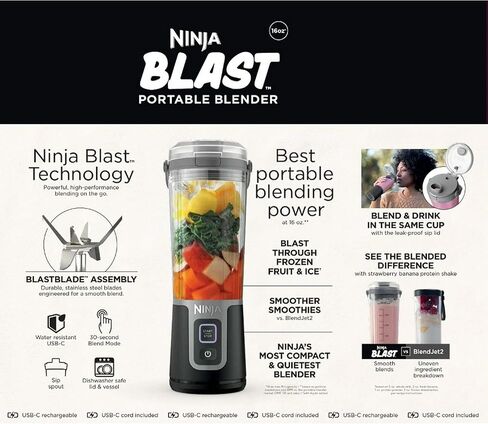 Ninja Blast 16 oz. Personal Portable Blender with Leak Proof Lid and Easy Sip Spout, Perfect for Smoothies, Cordless, USB-C Rechargeable, Dishwasher Safe Parts (Renewed) (Black) in Saudi Arabia