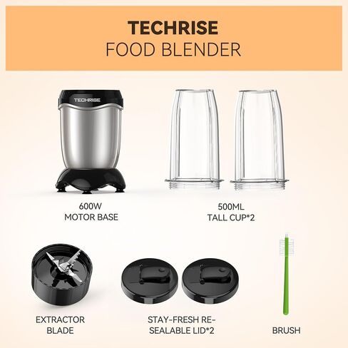 TechRise 600W Personal Blender, Smoothie Blender with 2 x 17oz Portable Cups with Sip Lids, Stainless Steel Blade, for Smoothies Shakes Ice Crushing, Baby Food, Dishwasher Safe Portable Small Blenders in Saudi Arabia