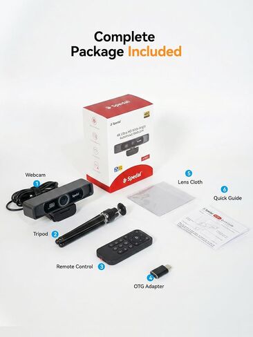 Spedal 4K Webcam with Tripod, Wide Angle 120° USB Webcam, Sony 1/2.8" Sensor, Dual Microphones, Remote Control, Auto Focus for Video Conferencing, Online Meetings, Streaming, Zoom & Teams | USB Webcam, 1/2.8", Dual Microphones, Auto Focus for Video Confer in Saudi Arabia
