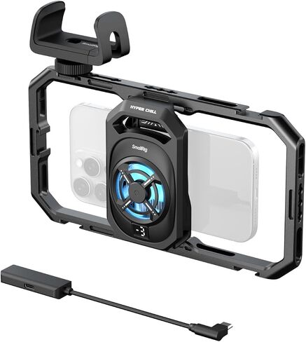 SMALLRIG All-in-One Cooling Dual Handle Phone Cage Kit with 15W Cooler-5276 | 15W Active Cooler + 4-in-1 USB-C Hub, Fits 2.5-3.1" Phones (for iPhone 17/16/Android), Perfect for Live Streaming in Saudi Arabia