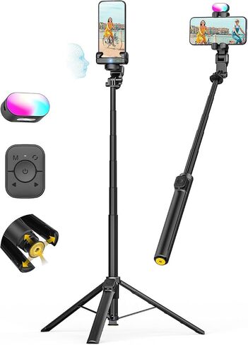 AOCHUAN M3Pro 4-in-1 Smartphone Gimbal Stabilizer for iPhone, AI Tracking | Auto-Open Tripod, No App AI Face Tracking, RGB Fill Light, Magnetic Remote, Built-in Extension rod, for Travel, Vlog, Black in Saudi Arabia