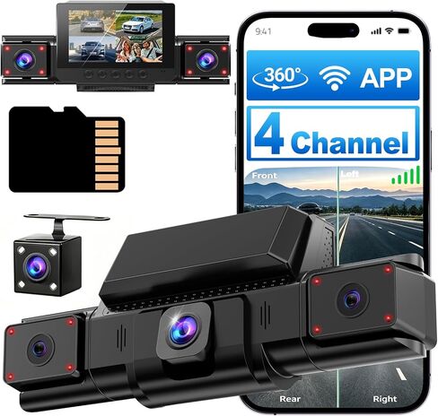4 Channel 360° Dash Cam Front and Rear, 128GB Card, WiFi App Control, WDR | 3" IPS Screen,4-Way Dash Cam with 24H Parking Mode,8 IR Night Vision,G-Sensor,Loop Recording in Saudi Arabia