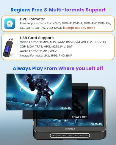 مشغل DVD للسيارة، مشغل DVD لمسند الرأس مقاس 12 بوصة من WONNIE مع دعامة تثبيت، يدعم فيديو 1080P/MP4، مدخل/مخرج HDMI، مخرج AV، محول تيار متردد، شاحن سيارة، قارئ بطاقة USB، الذاكرة الأخيرة، جميع المناطق in Kuwait