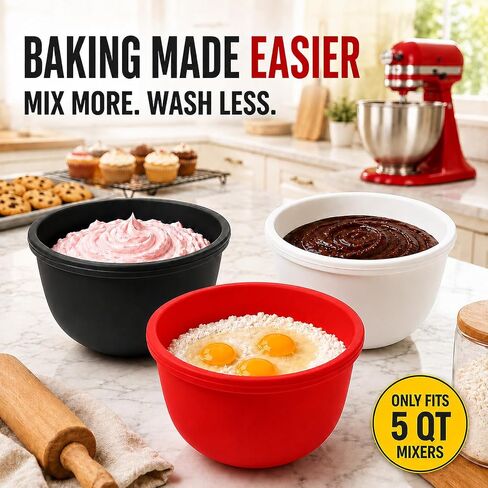 Silicone Bowl Liners for KitchenAid 5 Qt Tilt-Head Mixers, 3 Pack | Reusable silicone liners with lids for mixing dough, batter, cream, baking prep, food storage, BPA-free, dishwasher safe in Saudi Arabia