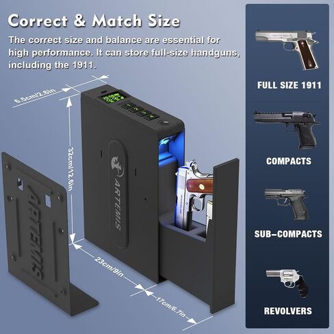 Artemis Biometric Handgun Safe, Auto-Sliding Quick Access Pistol Box, Black | 3-Way Unlock (Fingerprint/PIN/Key), Heavy Duty Carbon Steel Vault for Nightstand, Desk, Truck, Size: 9" x 2.6" x 12.6" in Saudi Arabia