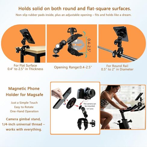 All-Metal Magnetic Phone Holder for MagSafe | Magnetic Phone Mount Super Clamp for SpinBike/Microphone Stand/Action Cameras/Guitar, Compatible with iPhone 17-13 Series in Saudi Arabia