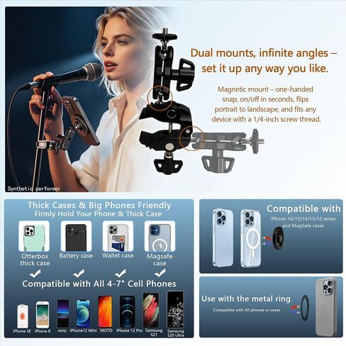 All-Metal Magnetic Phone Holder for MagSafe | Magnetic Phone Mount Super Clamp for SpinBike/Microphone Stand/Action Cameras/Guitar, Compatible with iPhone 17-13 Series in Saudi Arabia