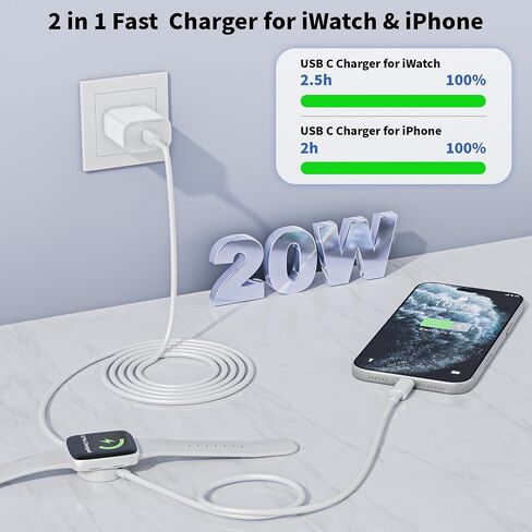USB C Fast Charger for Apple Watch, 2 in 1 iPhone and iWatch Charger Cable | 2 in 1 USB C iWatch Fast Charging Cable and 20W USB C Block for Apple Watch Series 11/10/9/8/7/6/5/SE/Ultra,iPhone 17/16/15 in Saudi Arabia