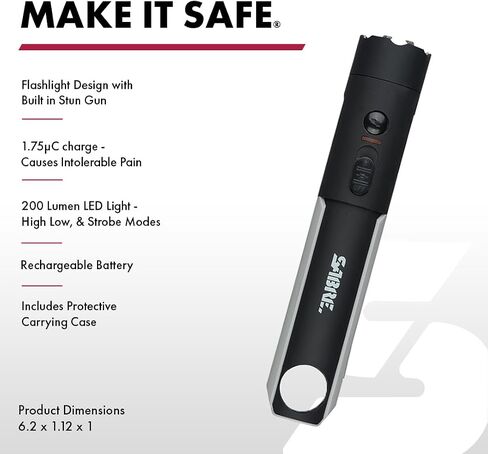 Sabre 2-in-1 Flashlight Design with Built-in Stun Gun, Powerful 1.76 µC Charge, 200 Lumen LED with 3 Modes; High, Low and Strobe, Rechargeable Battery, Hard Case and USB-C Charging Cord Included in Saudi Arabia