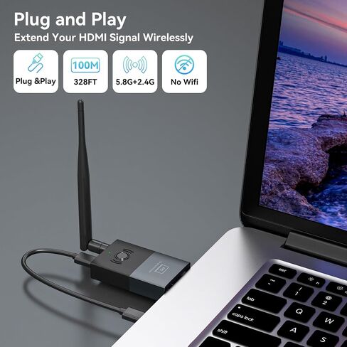 Wireless HDMI Transmitter and Receiver, 330FT/100M Wireless HDMI Extender for 4K Decode Input 1080P@60Hz Output, Plug&Play Portable 2.4G+5.8G for Video and Audio to Monitor from PC/Projector/TV Box in Kuwait