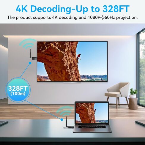 Wireless HDMI Transmitter and Receiver, 330FT/100M Wireless HDMI Extender for 4K Decode Input 1080P@60Hz Output, Plug&Play Portable 2.4G+5.8G for Video and Audio to Monitor from PC/Projector/TV Box in Kuwait