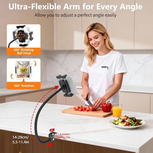 Gooseneck Tablet Holder, 19.69" Metal Crab Clamp iPad/iPhone Mount for Stroller/Treadmill/Golf Cart/Boat/Mic Stand/Gym Bicycle Handlebar Clamp/Desk, Compatible with 4-13" iPad Pro/Air/Mini/E-book in Kuwait