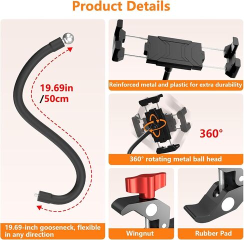 Gooseneck Tablet Holder, 19.69" Metal Crab Clamp iPad/iPhone Mount for Stroller/Treadmill/Golf Cart/Boat/Mic Stand/Gym Bicycle Handlebar Clamp/Desk, Compatible with 4-13" iPad Pro/Air/Mini/E-book in Kuwait