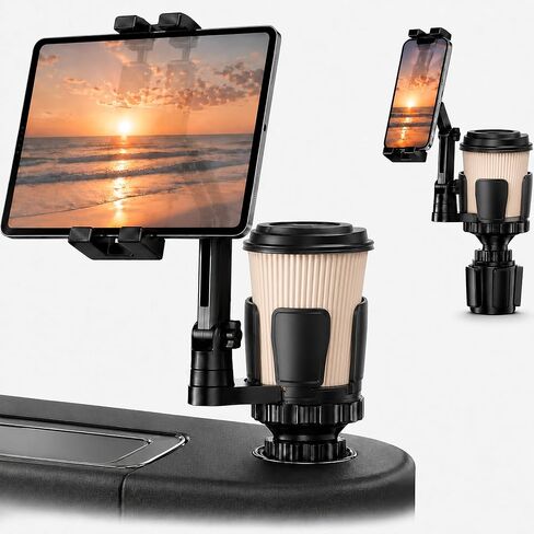 Tablet Holder for Car, 3-in-1 Cup Holder Mount for iPad, Phone, Road Trips | Expandable base holds drink and 4.7-12.9 inch devices for passenger viewing in cars, SUVs and trucks in Saudi Arabia