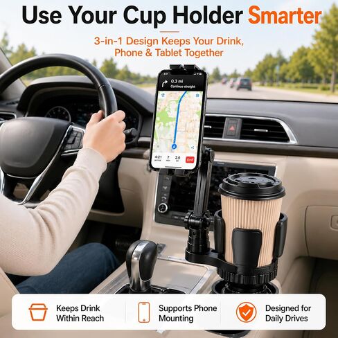 Tablet Holder for Car, 3-in-1 Cup Holder Mount for iPad, Phone, Road Trips | Expandable base holds drink and 4.7-12.9 inch devices for passenger viewing in cars, SUVs and trucks in Saudi Arabia