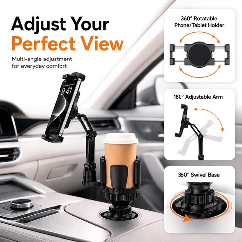 Tablet Holder for Car, 3-in-1 Cup Holder Mount for iPad, Phone, Road Trips | Expandable base holds drink and 4.7-12.9 inch devices for passenger viewing in cars, SUVs and trucks in Saudi Arabia