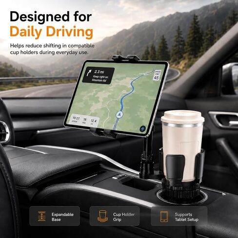 Tablet Holder for Car, 3-in-1 Cup Holder Mount for iPad, Phone, Road Trips | Expandable base holds drink and 4.7-12.9 inch devices for passenger viewing in cars, SUVs and trucks in Saudi Arabia