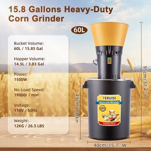 60L Grain Mill Grinder, 15.8 Gallons Electric Grain Mill Corn Grinder, 1500W Dust-Free Dry Cereals Grinders with Detachable Hopper & 6 Size Sieves for Farm Wheat Spice Rice Feed Flour,110V in Saudi Arabia