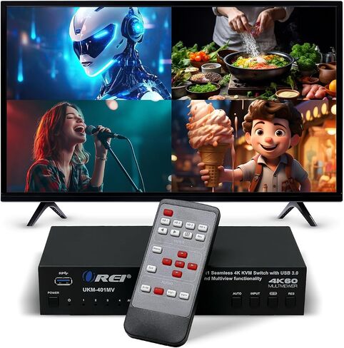 OREI 4x1 KVM Switch Multi Viewer 4K60Hz Audio USB3.0 RS-232 IR PIP EDID OSD | 4K60Hz KVM Multiviewer with USB 3.0 Hub, 7 Display Modes, EDID, OSD, RS-232, Hotkey & IR Control in Saudi Arabia