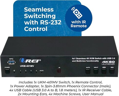 OREI 4x1 KVM Switch Multi Viewer 4K60Hz Audio USB3.0 RS-232 IR PIP EDID OSD | 4K60Hz KVM Multiviewer with USB 3.0 Hub, 7 Display Modes, EDID, OSD, RS-232, Hotkey & IR Control in Saudi Arabia