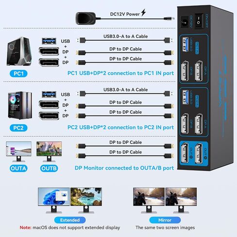 8K Displayport KVM Switch 2 Monitors 2 Computers 4K@120Hz Dual Monitor | Display Port USB 3.0 KVM Switches for 2 PC Share 2 Screens and 1 Set of Keyboard Mouse Printer with 2 USB Cables in Saudi Arabia