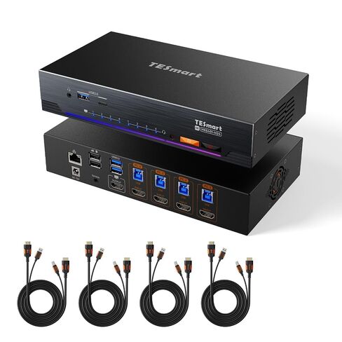 محول TESmart 8K@60 هرتز HDMI KVM 4 أجهزة كمبيوتر، شاشة واحدة USB 3.0، 4 منافذ KVM 4K@144 هرتز للألعاب، إيثرنت 1G، محاكيات EDID، مفتاح Hotkey، شريحة ADI، صوت وميكروفون مع جميع كابلات الإدخال in Kuwait