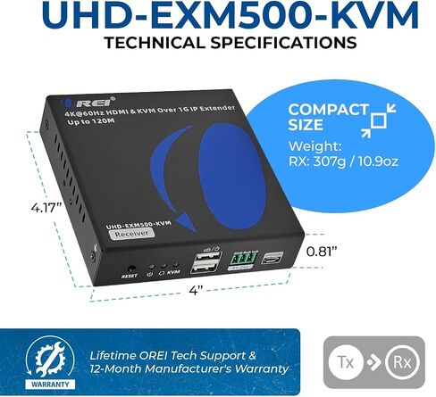 OREI Extra Receiver Only for UHD-EXM500-KVM 4K KVM HDMI Extender Over IP CAT6 4K@60Hz One to Many Upto 330 Feet, 2 USB 1.1 Loop Out - Send to Multiple Locaiton Over 1G Switch (UHD-EXM500-KVM-RX) in Saudi Arabia
