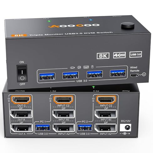 8K@60Hz HDMI Displayport KVM Switch 3 Monitor 2 Computer 4K@144Hz Triple Monitor KVM Switches with USB 3.0 Port,Wired Remote,Power Adapter and USB3.0 Cables(6.6 cm 2 PC 3 Monitor 8K KVM) in Saudi Arabia