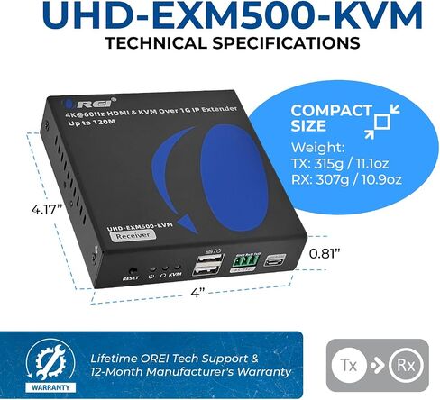 OREI 4K KVM HDMI Extender Over IP CAT6 4K@60Hz One to Many Upto 400 Feet, 2 USB 1.1 Loop Out - Send to Multiple Location Over 1G Switch (UHD-EXM500-KVM) | HDMI Ethernet Extender – HDMI 2.0, 18Gbps, HDCP 2.2, USB KVM, Low Latency, One-to-Many Support, 3.5m in Saudi Arabia