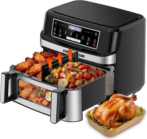 Emphsism 12QT Large Dual Zone Air Fryer with Removable Divider, 1 x 12QT Mega Zone or 2 Independent 6QT Zones, Separate Presets, 8-in-1 Family Size, LED Touchscreen, Nonstick Dishwasher-Safe Basket in Saudi Arabia