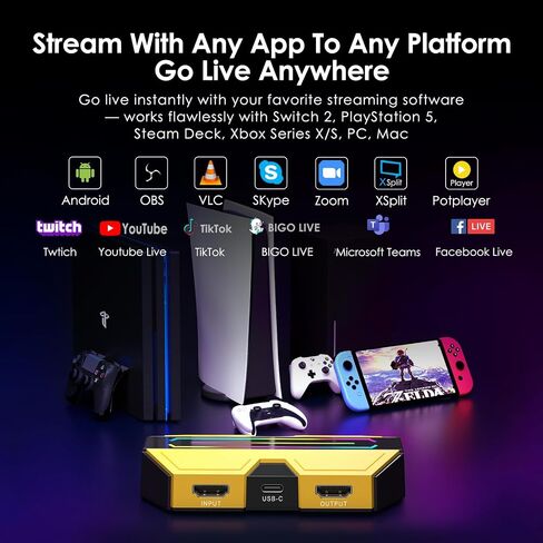 BlueAVS Multi-Spec HDMI Video Capture Card for Streaming, 4K60 1440P144 1080P240 High-frame Capture Card, USB-C External Capture Card for PS5, Xbox Series X/S, Switch, Compatible with PC, Mac, OBS in Saudi Arabia