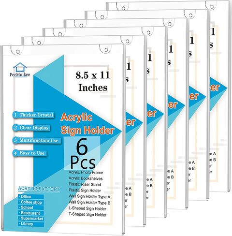 PecMuikee Acrylic Sign Holder 8.5x11 Vertical, Wall Mount Acrylic Sign Holder and Plastic Paper Display Ad Frame bonus with 3M Tape and Mounting Screws for Restaurants, Office, Market, Library, Store, 12 Pcs in Kuwait