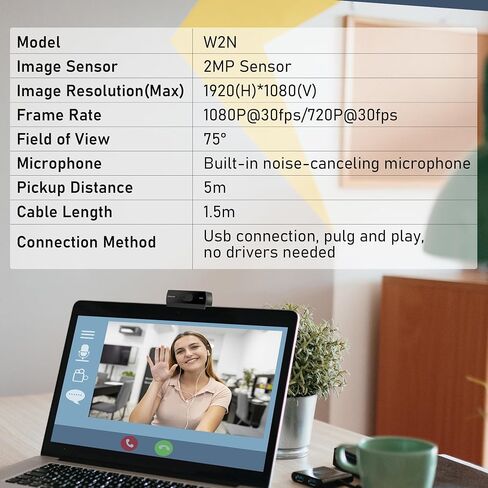 1080P Webcam with Built-in Microphone, W2N Web Cam, Privacy Cover, 75° FOV, Noise Cancellation, Plug & Play Web Camera for Computer, USB Webcam for Pc, Laptop, Desktop, Mac in Kuwait