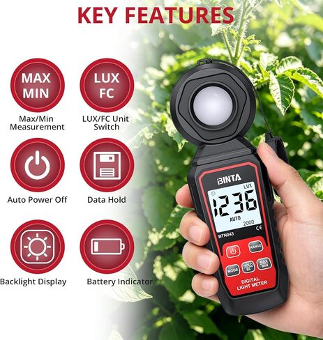 BINTA Handheld Digital Light Meter, Lux FC Illuminance Meter 0~200,000 Lux | 4 Digit Backlit LCD, Rotatable Sensor Max/Min Data Hold Auto Record Tester for Plants Photography Car LED Lights in Kuwait