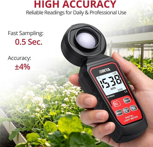 BINTA Handheld Digital Light Meter, Lux FC Illuminance Meter 0~200,000 Lux | 4 Digit Backlit LCD, Rotatable Sensor Max/Min Data Hold Auto Record Tester for Plants Photography Car LED Lights in Kuwait